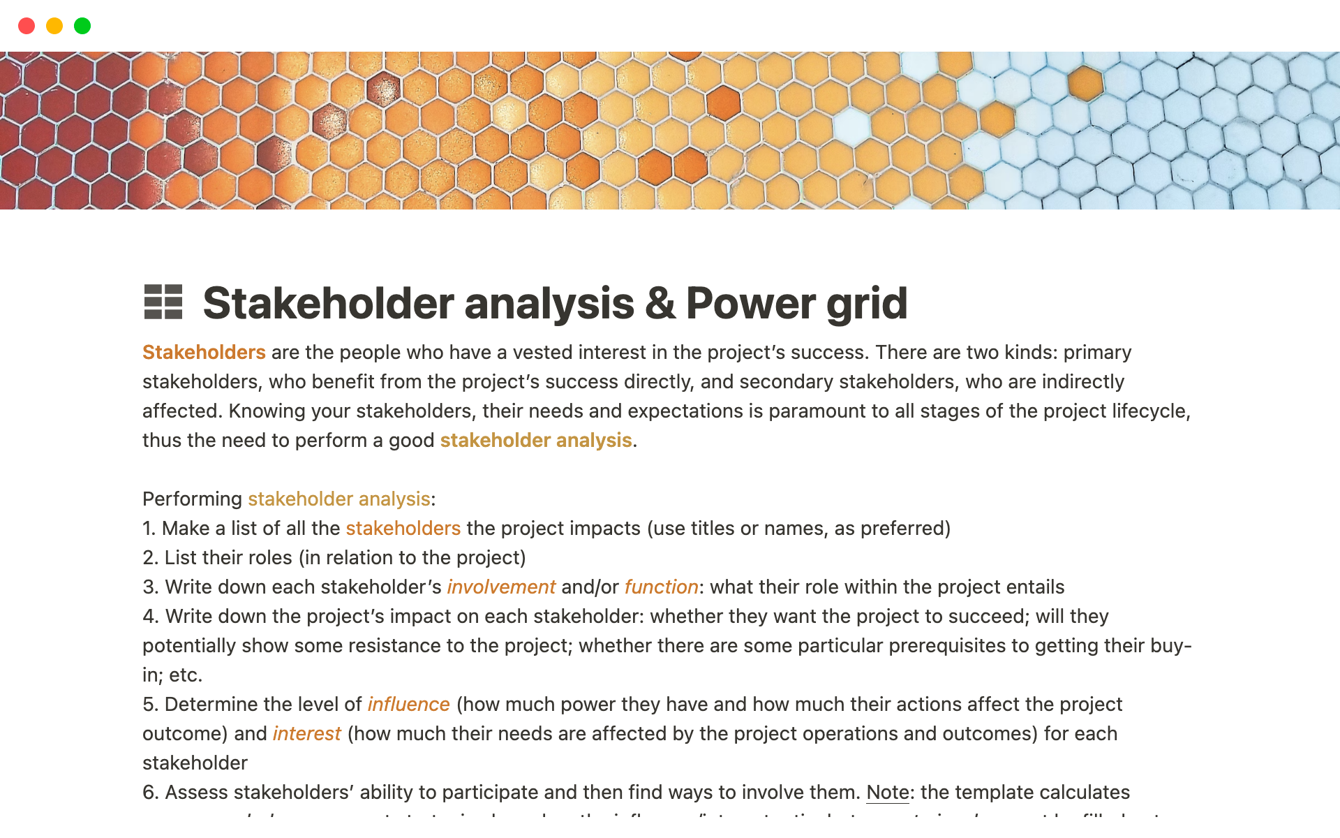 En förhandsgranskning av mallen för Stakeholder analysis & power grid