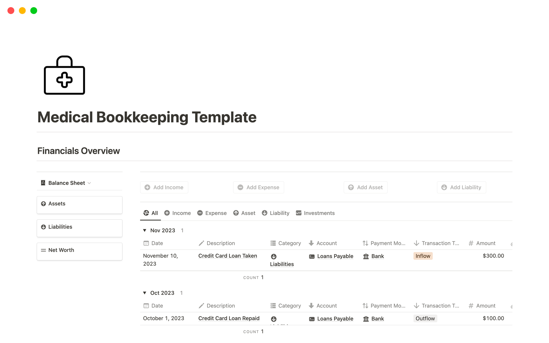 A template preview for Medical Bookkeeping