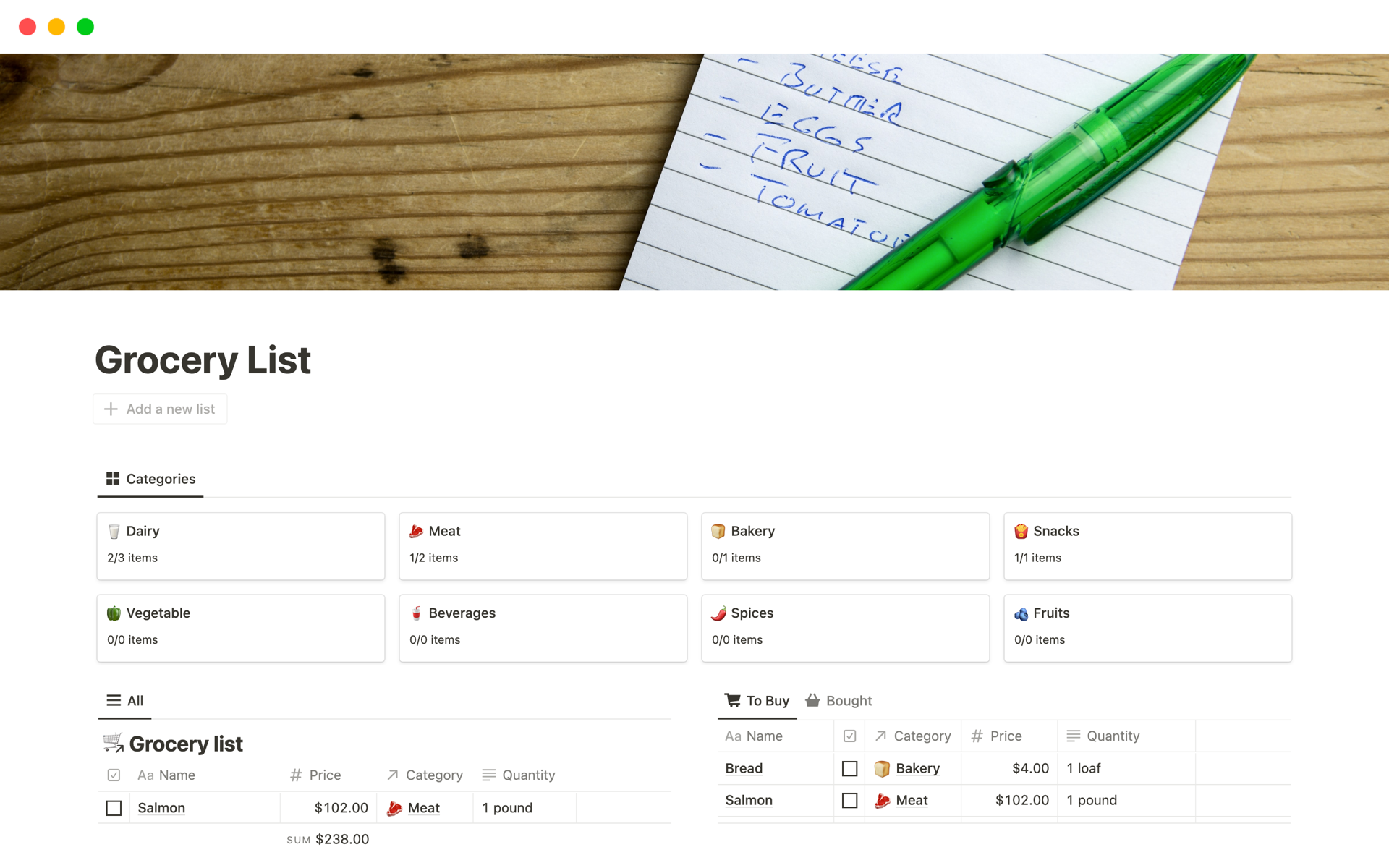 The Grocery List Notion Template is a tool that can help you create a grocery list, keep track of what you need to buy, what you've already bought, and how much you're spending