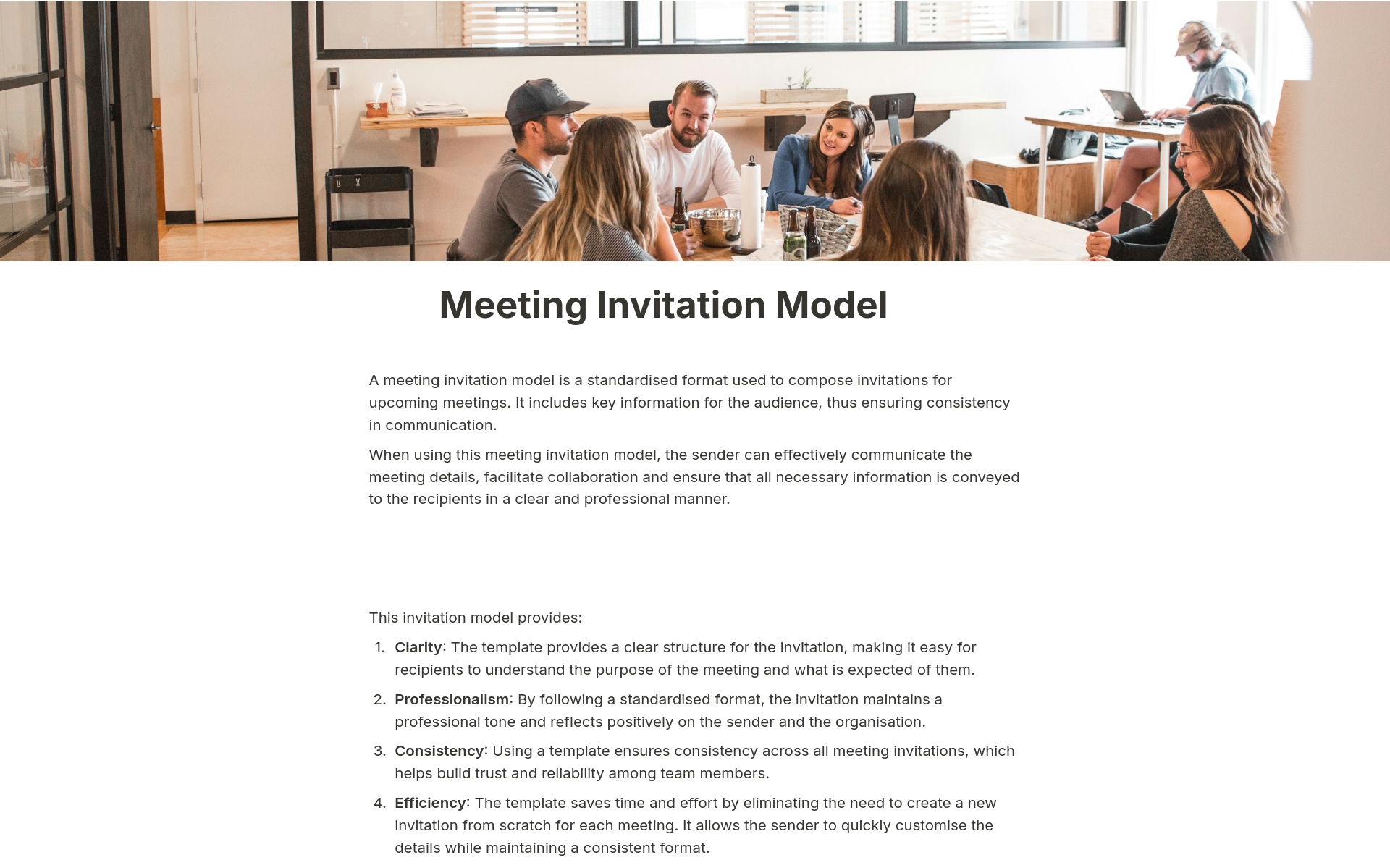 The professional meeting invitation model having the mandatory key information, in a clear and easy to understand content for all audience.