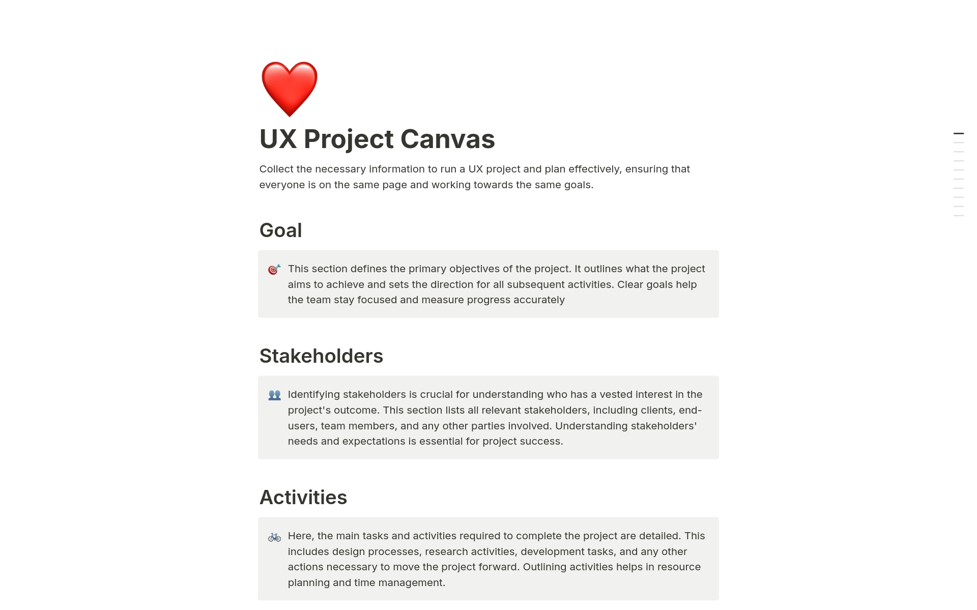 En förhandsgranskning av mallen för UX Project Canvas 
