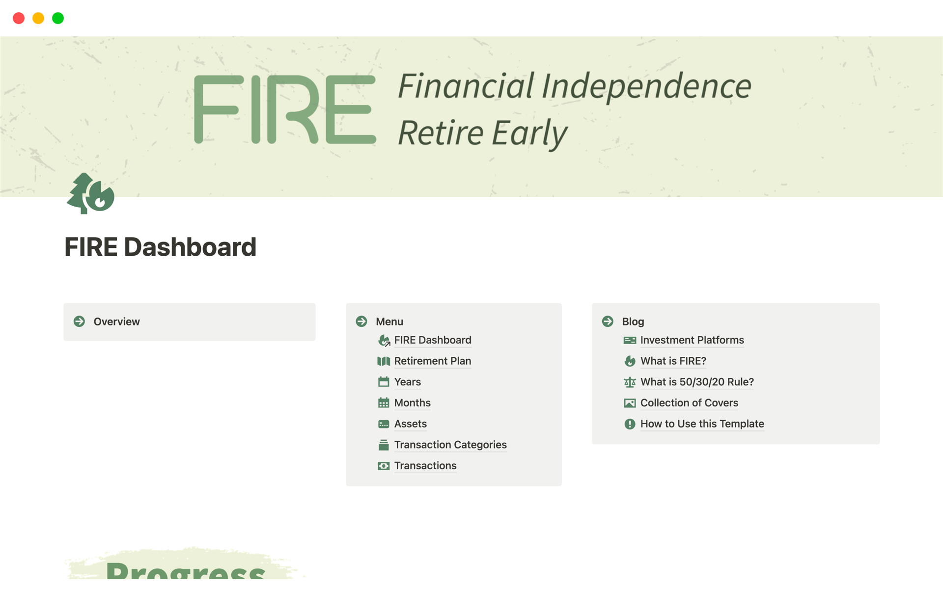 A template preview for FIRE Dashboard