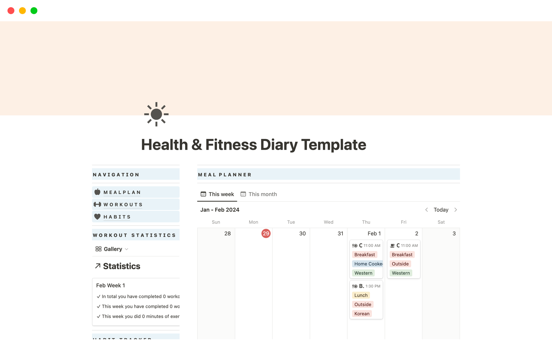 En förhandsgranskning av mallen för Health & Fitness Diary