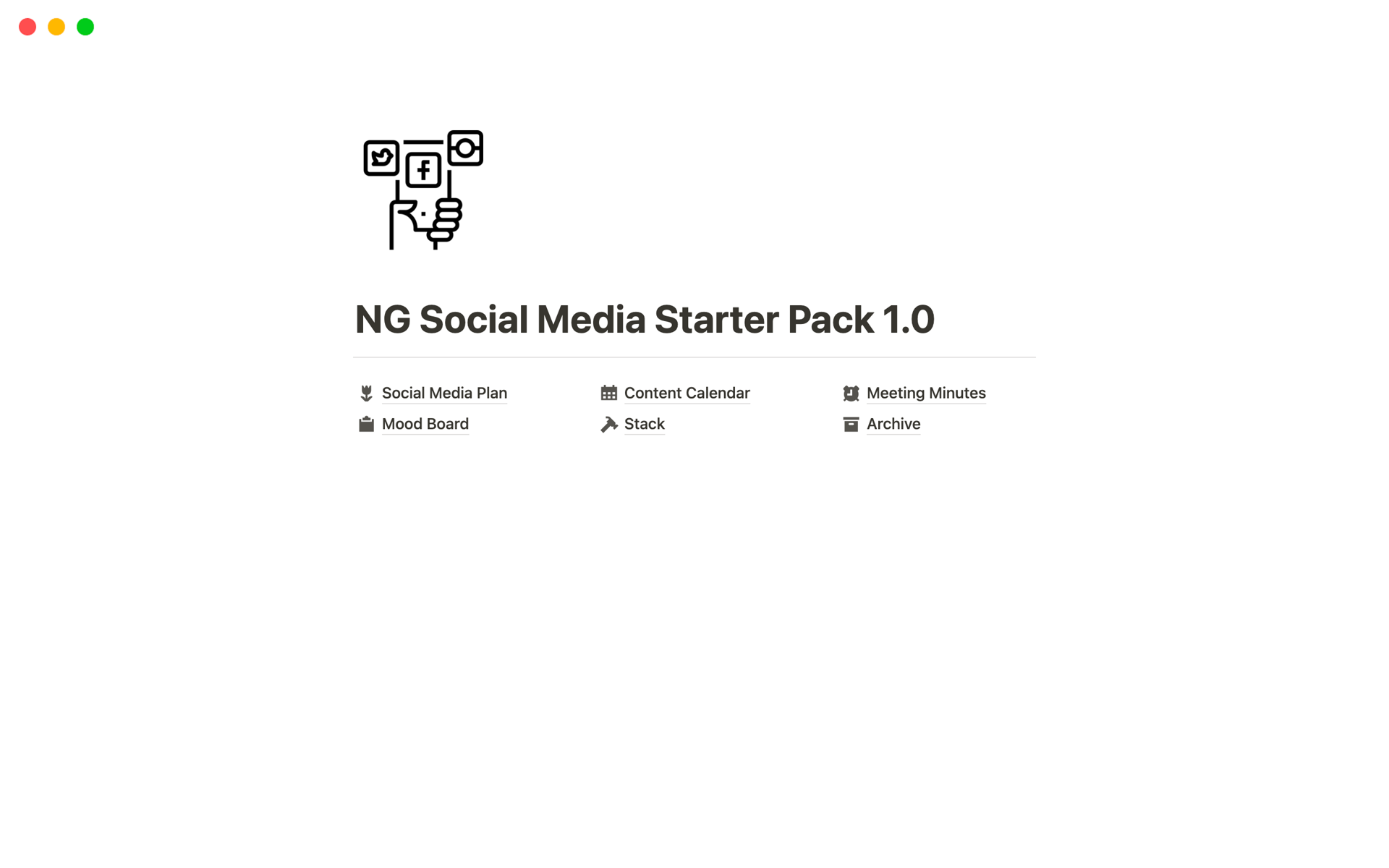 En förhandsgranskning av mallen för NG Social Media Starter Pack 1.0