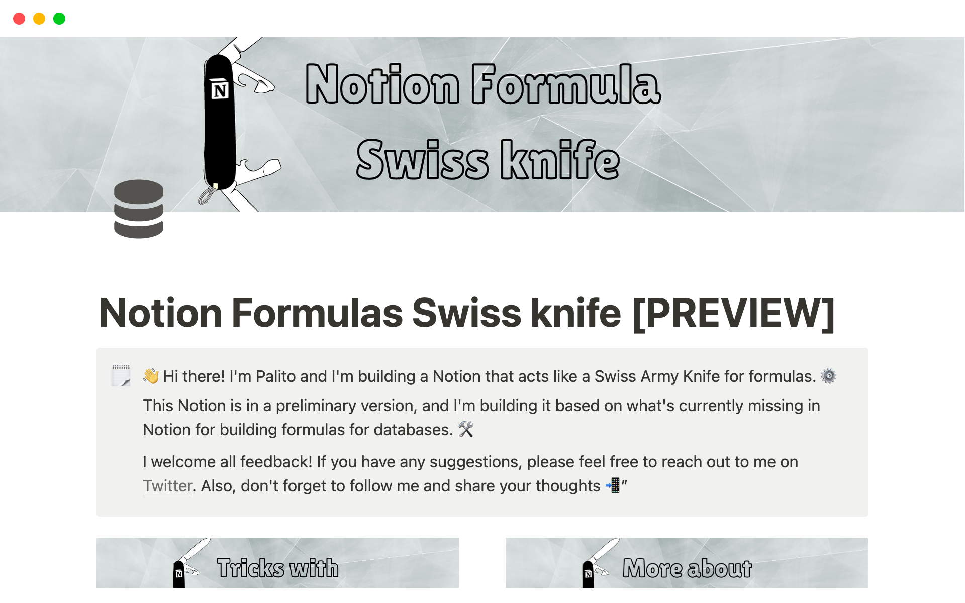 Uma prévia do modelo para Notion Formula Swiss Knife [Preview]