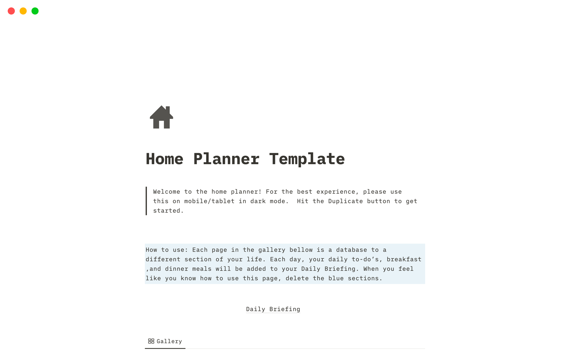 Eine Vorlagenvorschau für Home Planner Template