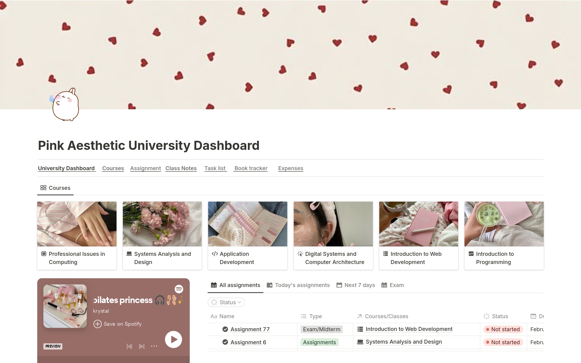 This Notion University Dashboard includes:
Course/Classes
Weekly Schedule