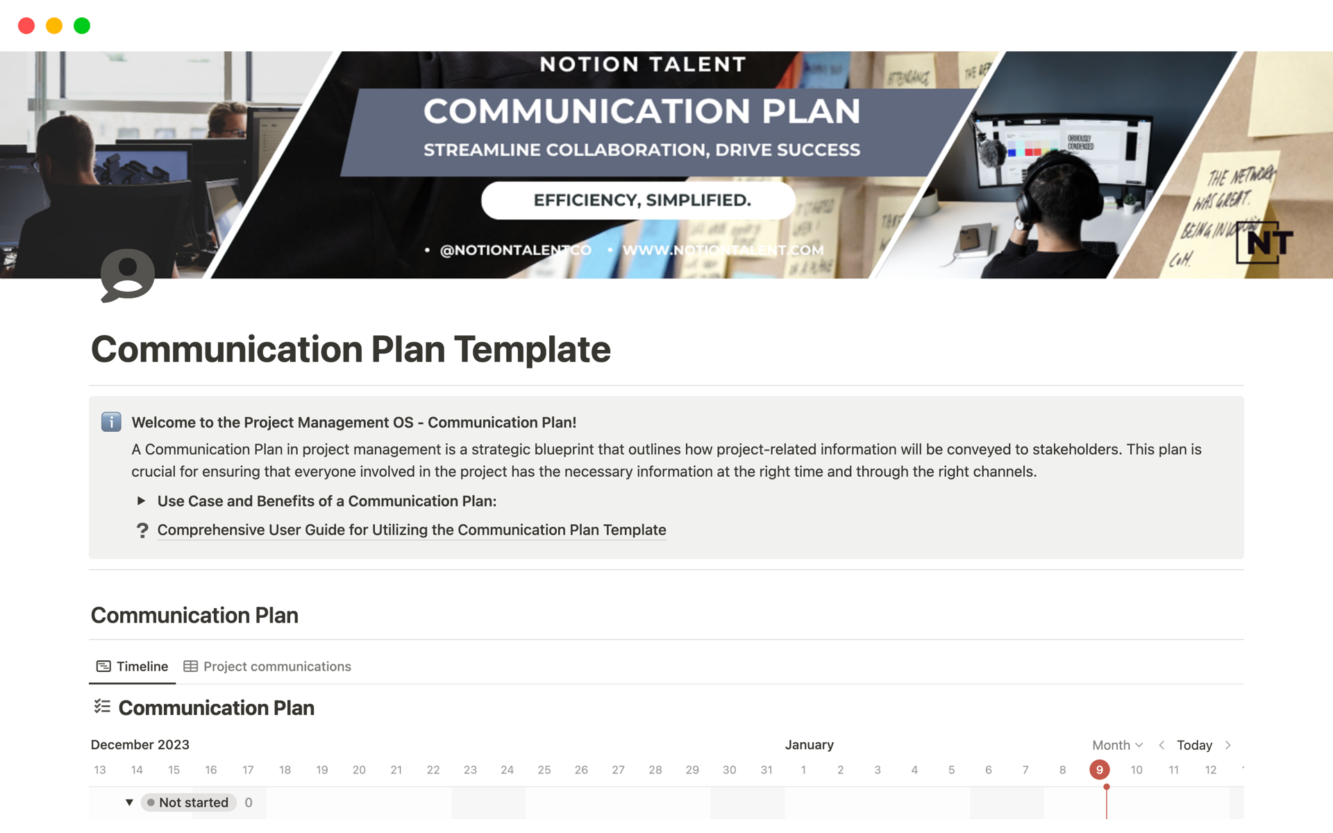 En forhåndsvisning av mal for Communication Plan