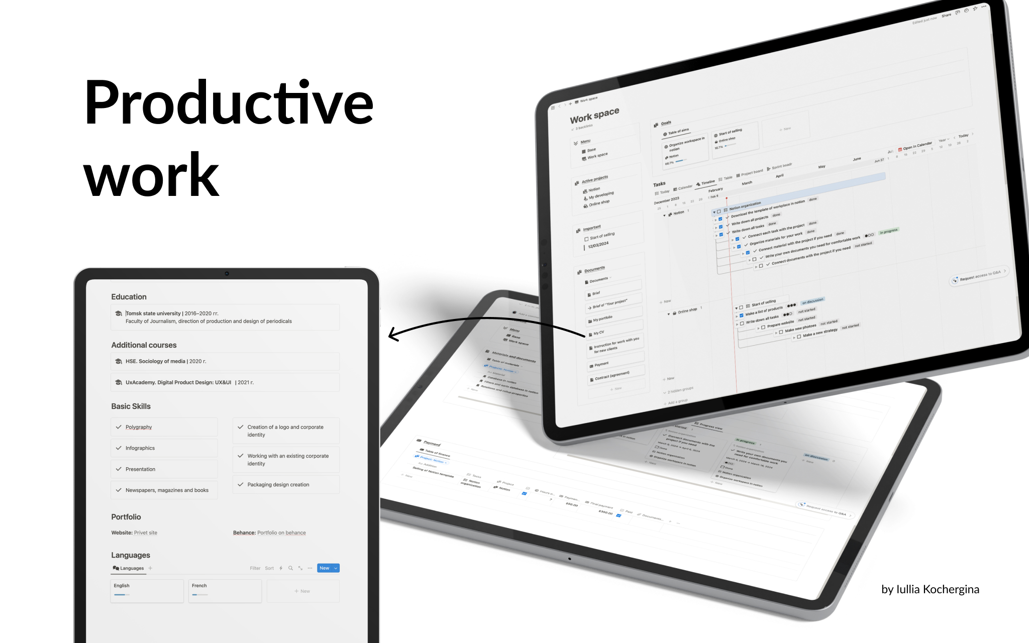 Template for productive work. You can add Projects, Tasks, Documents, Goals and Payment in one place and link it together. There are instructions and template but you can text to me and ask questions. 