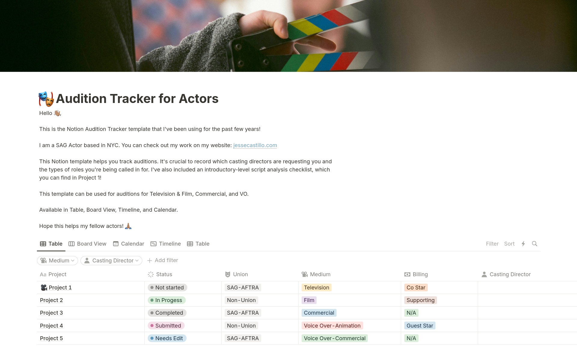 This Notion template helps you track auditions. It's crucial to record which casting directors are requesting you and the types of roles you're being called in for.