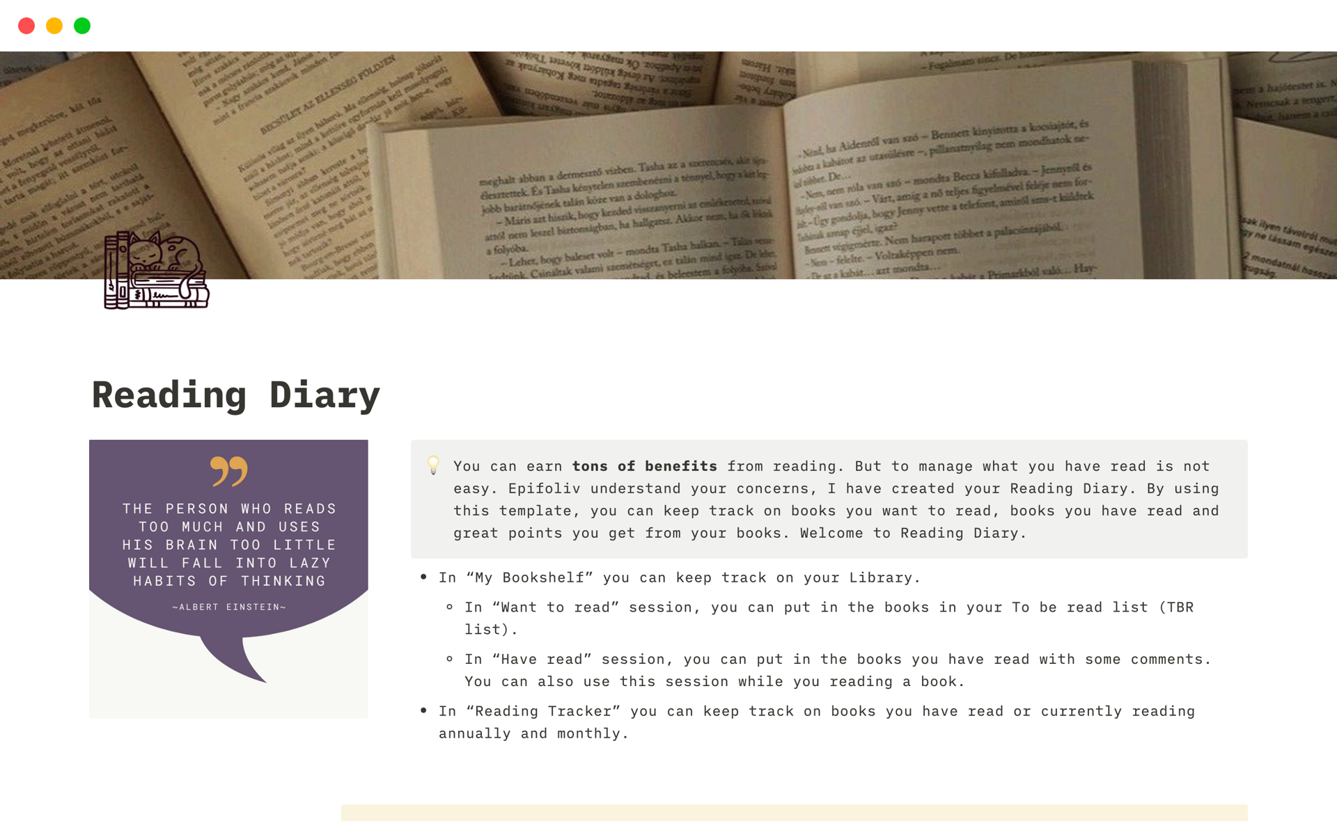 En förhandsgranskning av mallen för Reading Diary