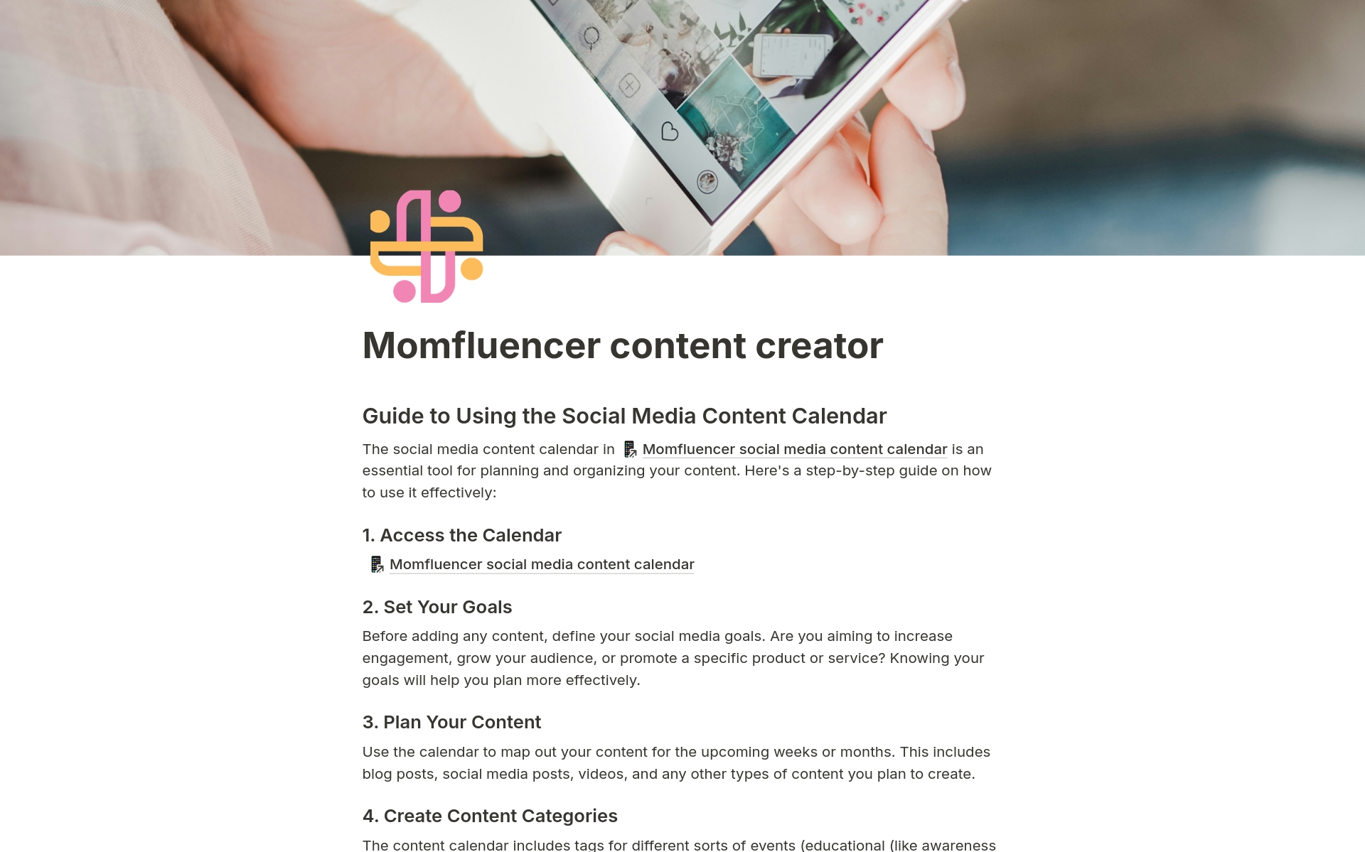 A template preview for Momfluencer social media content calendar