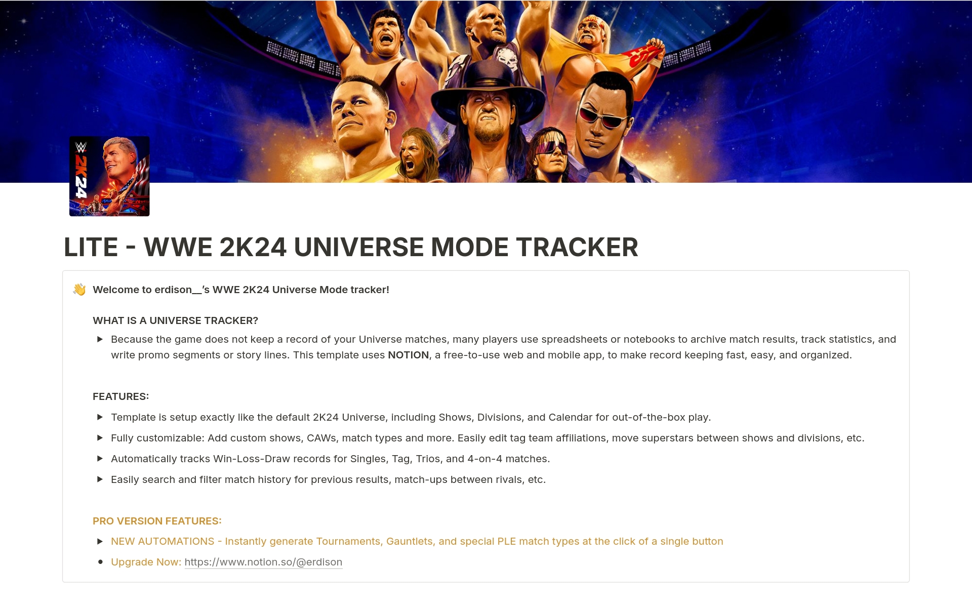 En forhåndsvisning av mal for LITE - WWE 2K24 Universe Mode Tracker