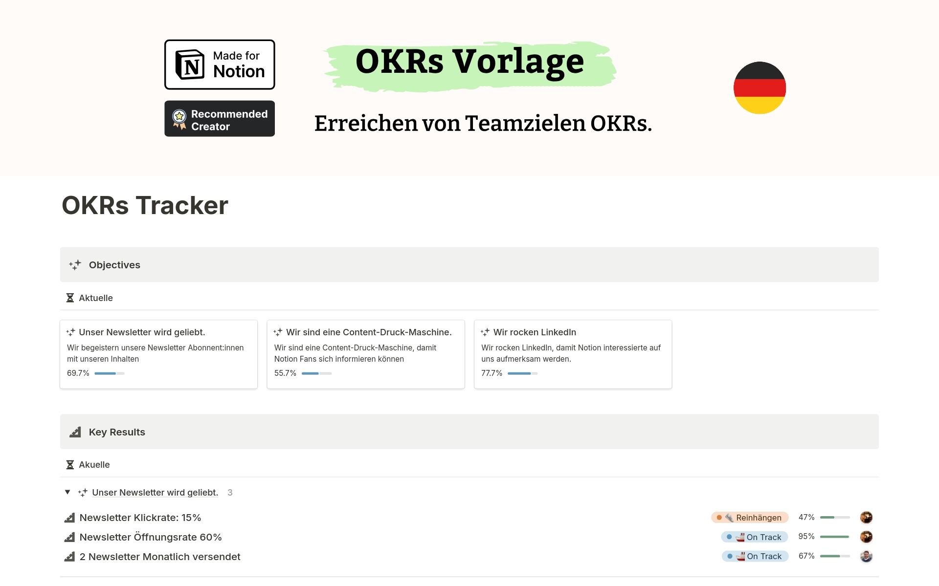 A template preview for OKRs Tracker