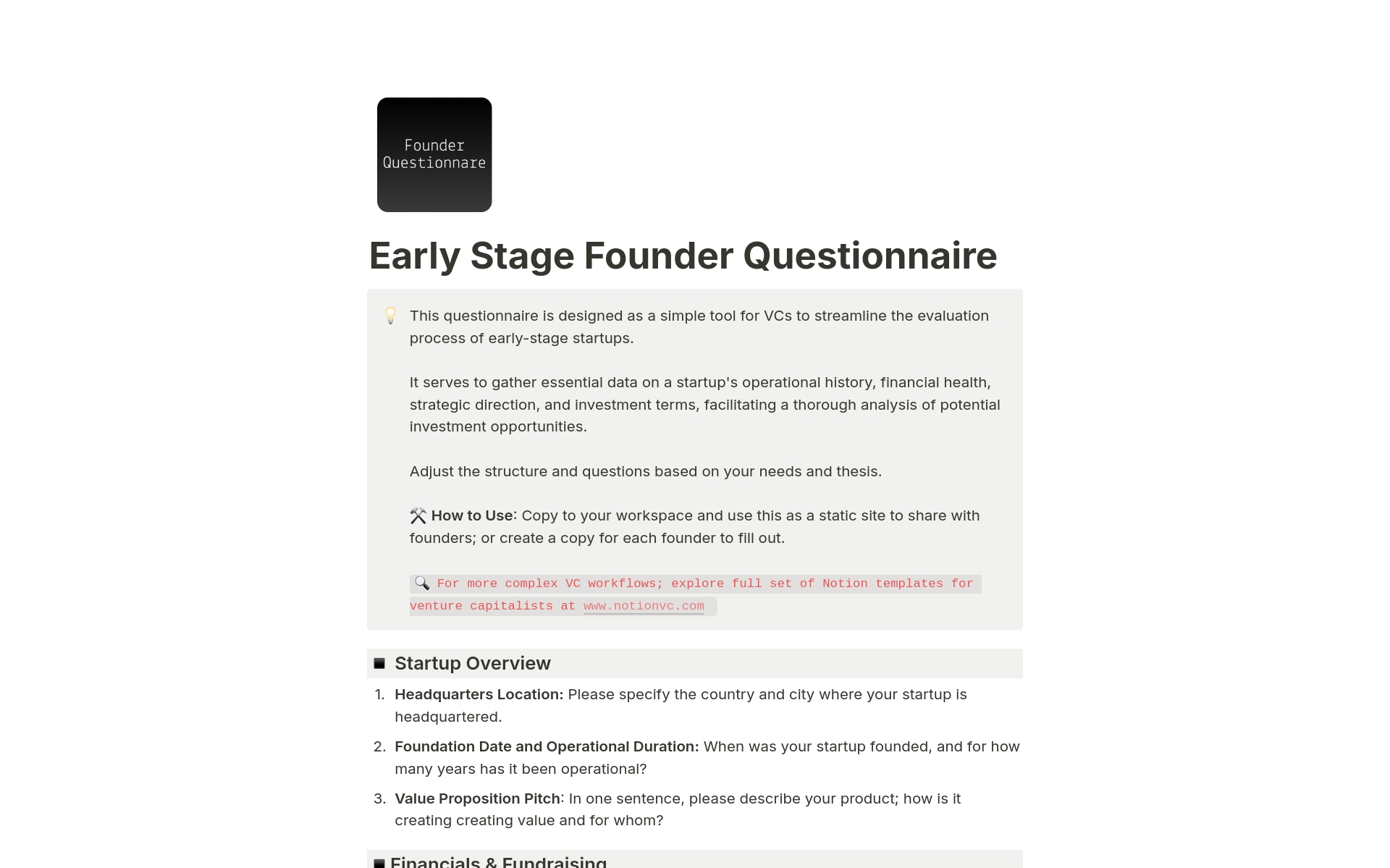 En förhandsgranskning av mallen för Early Stage Founder Questionnare for VCs