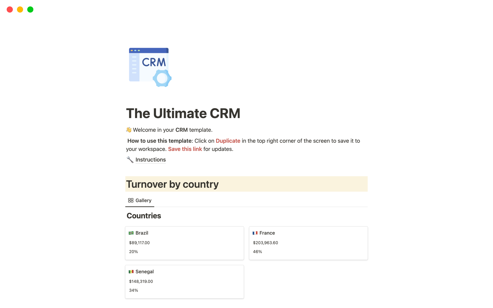 En förhandsgranskning av mallen för The Ultimate CRM