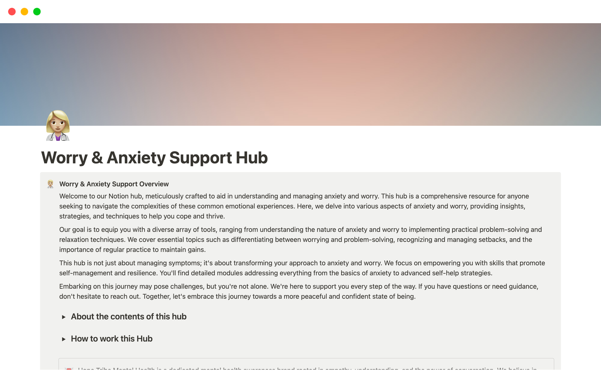 En forhåndsvisning av mal for Worry & Anxiety Support Hub