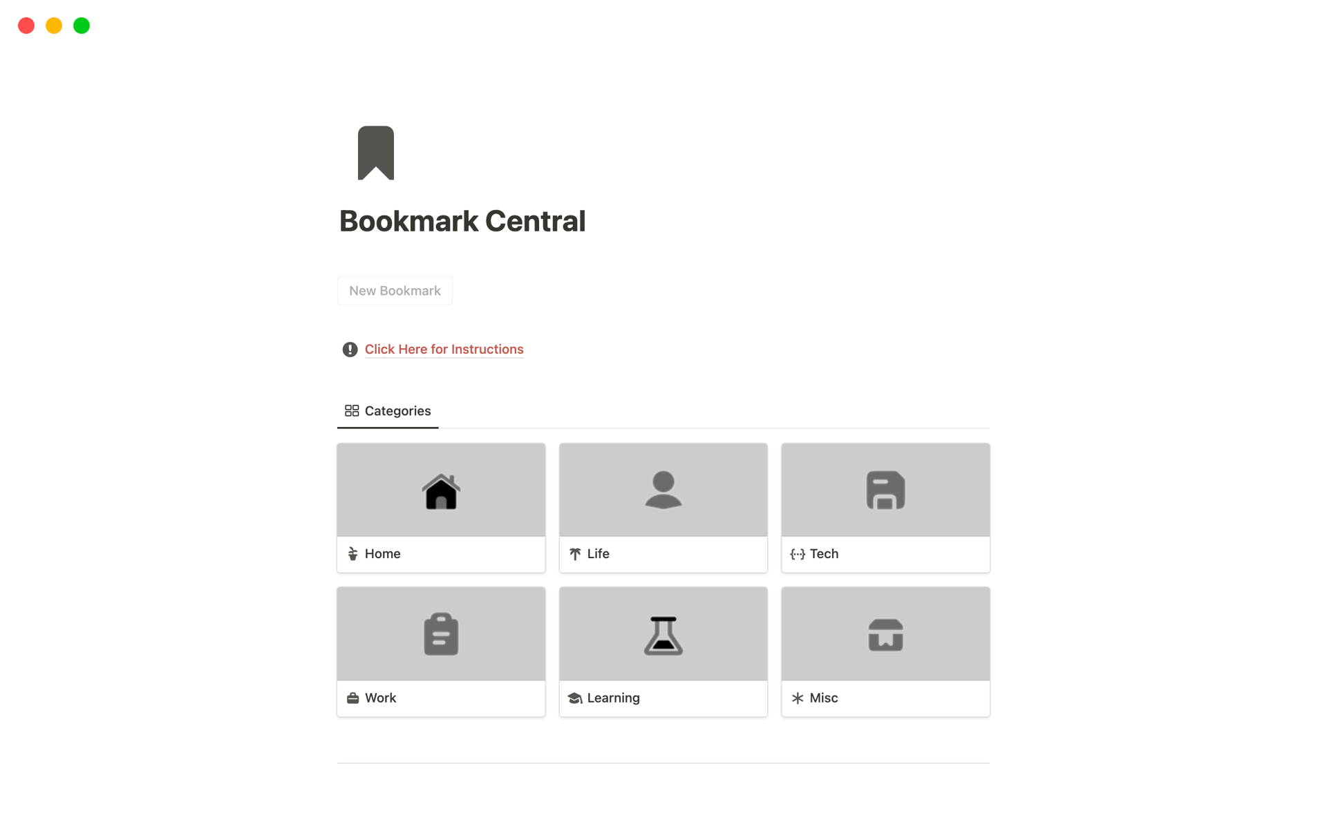A template preview for Bookmark Central