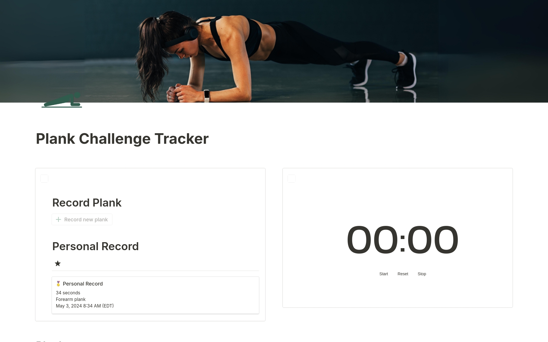 En forhåndsvisning av mal for Plank Challenge Tracker