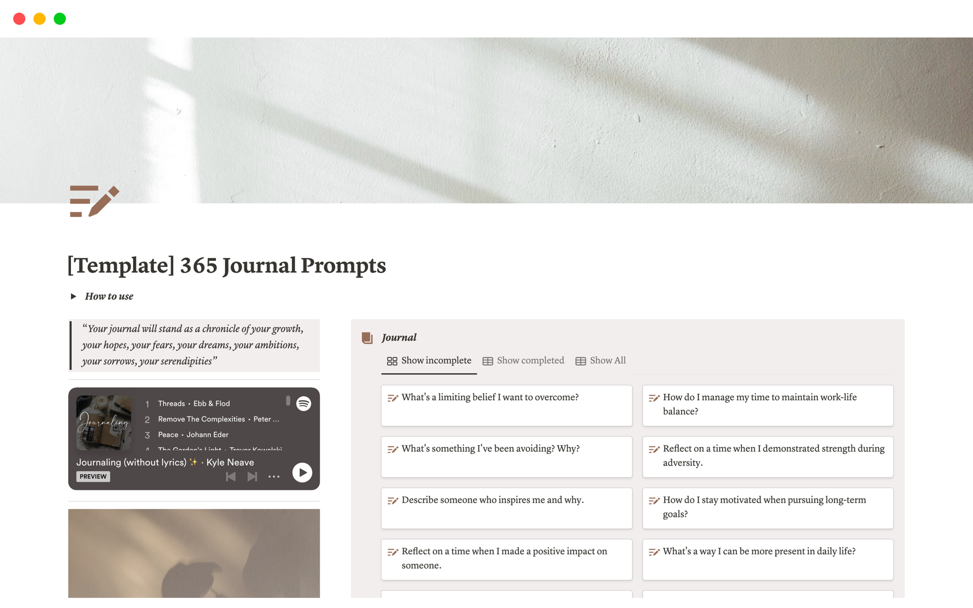Uma prévia do modelo para 365 Day Journal Prompts | 1 Year of Journalling
