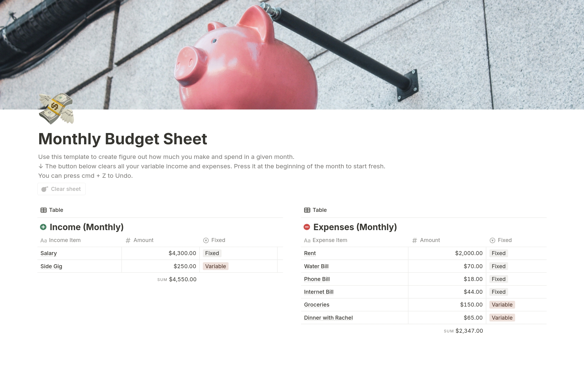 Monthly Budget Sheetのテンプレートのプレビュー