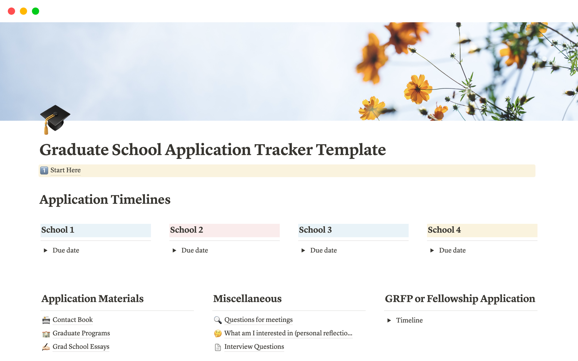 En forhåndsvisning av mal for Graduate School Application Tracker