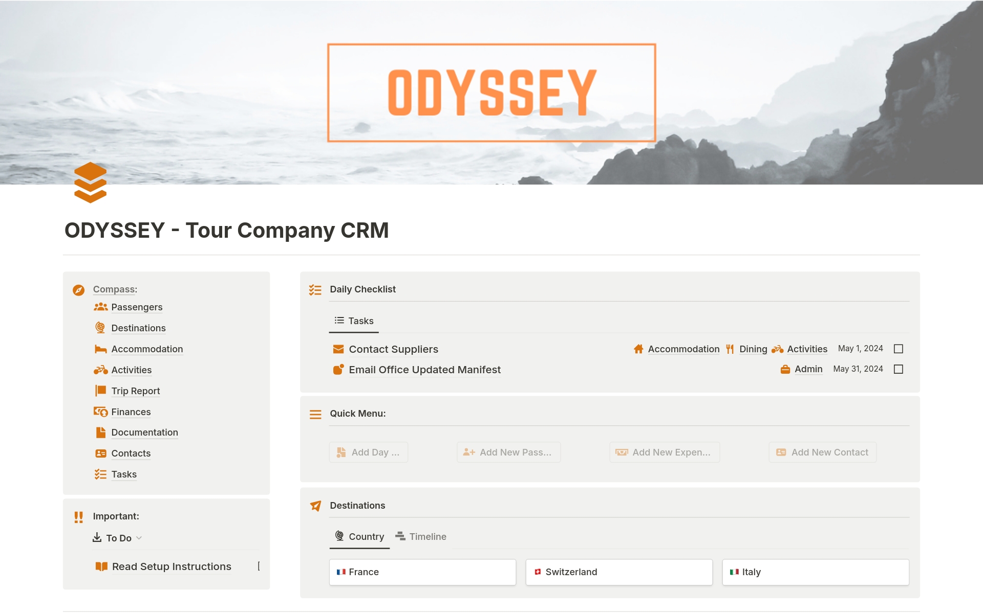 Odyssey, the Ultimate Tour Company CRM. Optimise tour operations with passenger management, task scheduling, destination planning, document filing, and finance tracking all in one convenient central hub.