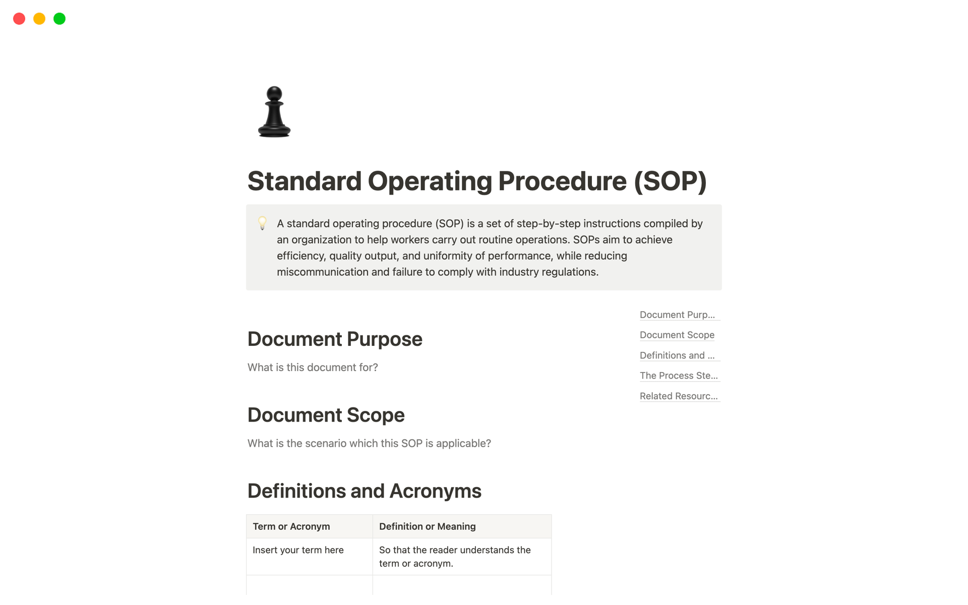 En förhandsgranskning av mallen för Simple Standard Operating Procedure