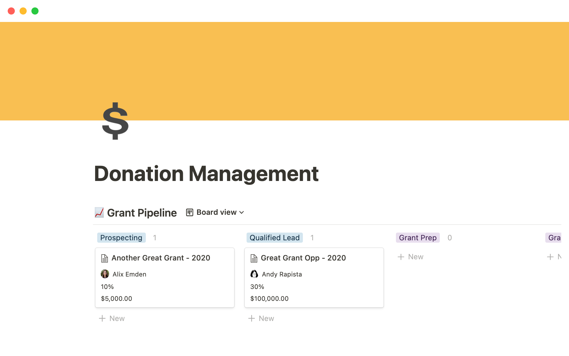 Manage your nonprofit's grant and gift pipelines in this donation management template.
