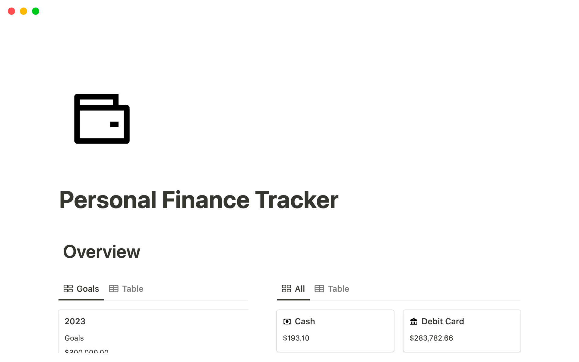 Vista previa de una plantilla para Personal Finance Tracker