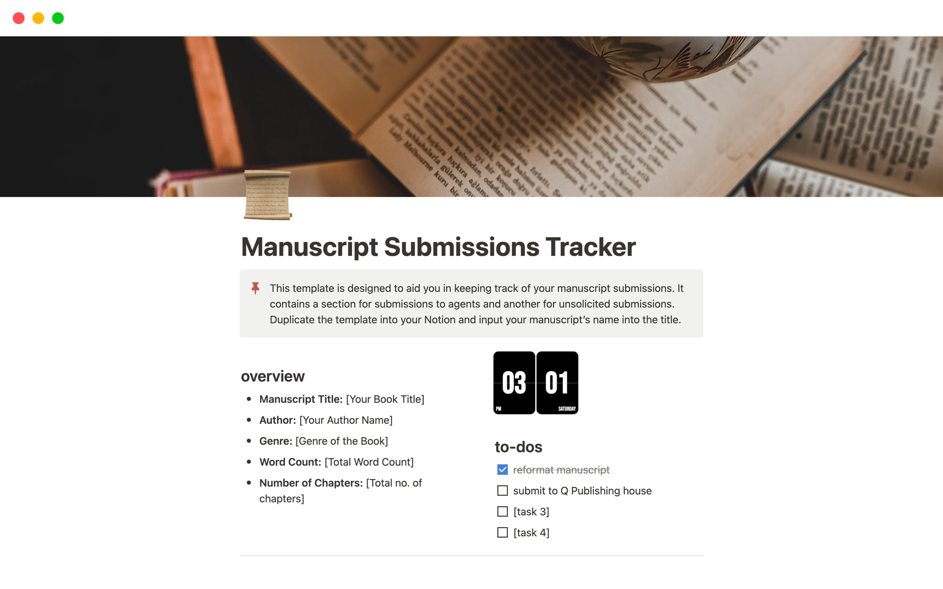 Vista previa de plantilla para Manuscript Submissions Tracker