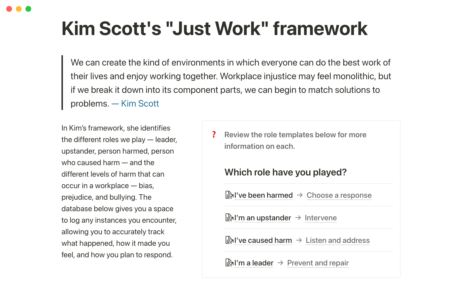 En förhandsgranskning av mallen för Kim Scott's "Just Work" framework