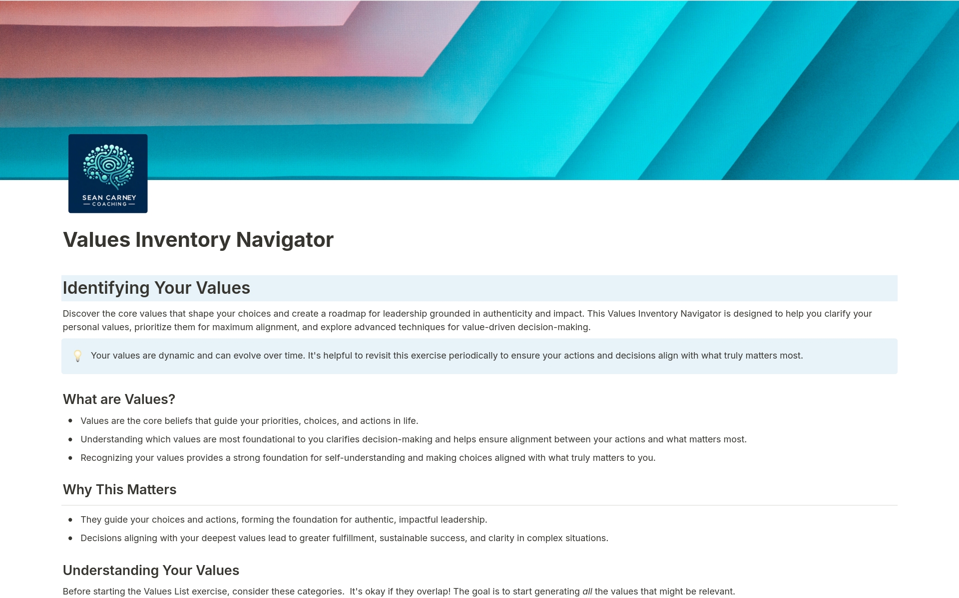 En forhåndsvisning av mal for Values Inventory 