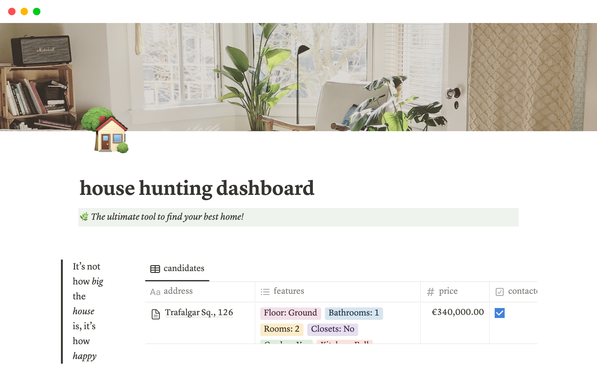 Eine Vorlagenvorschau für house hunting dashboard