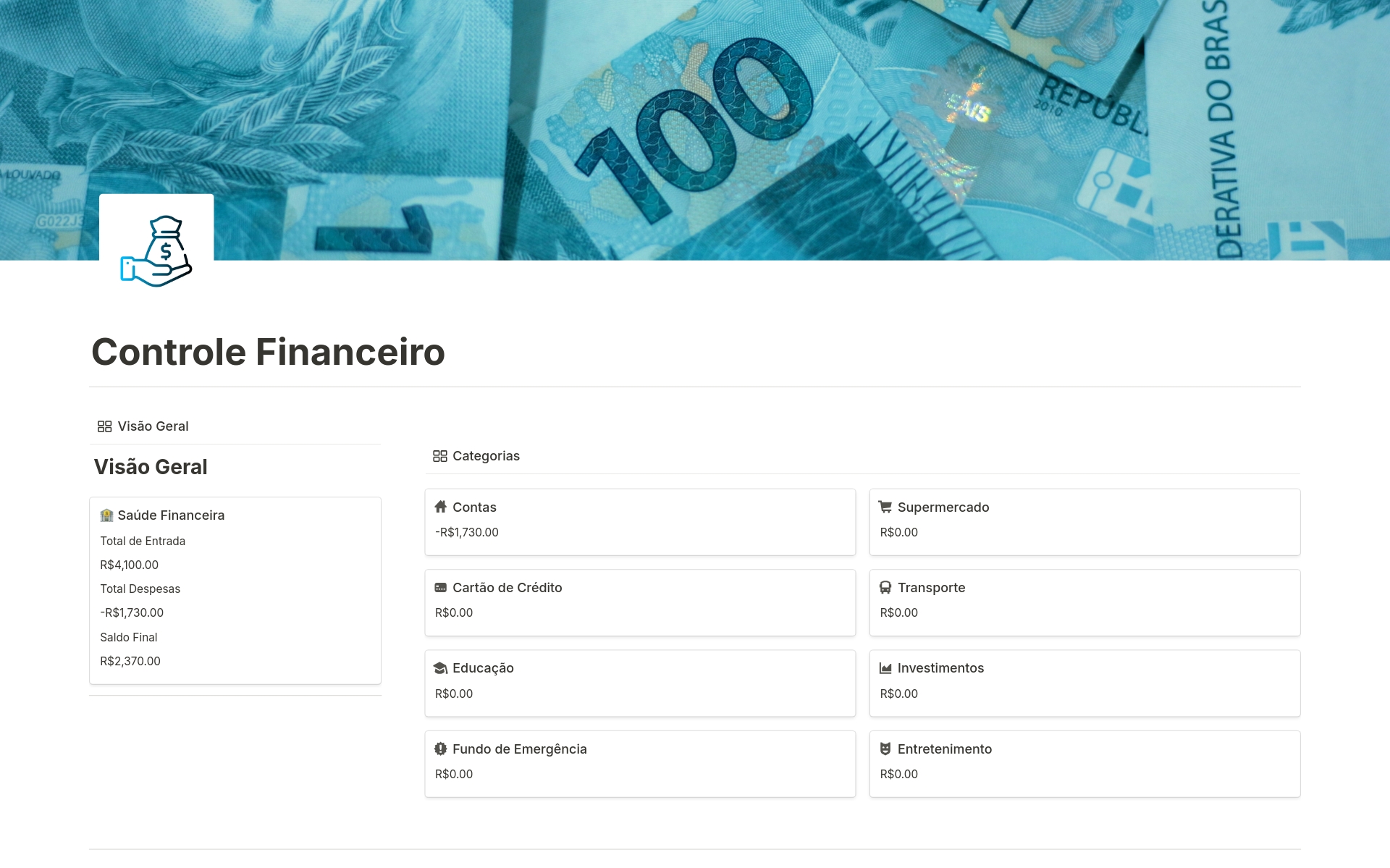 A template preview for Controle Financeiro Básico