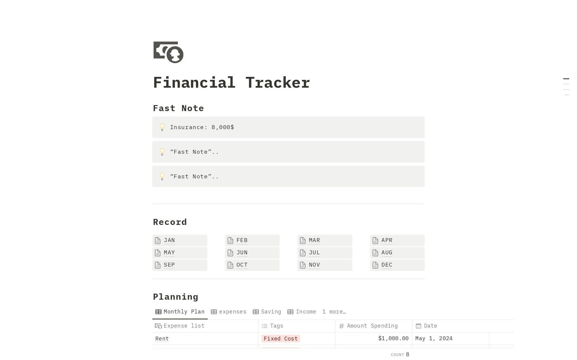 A template preview for Finance Tracker (Thes)