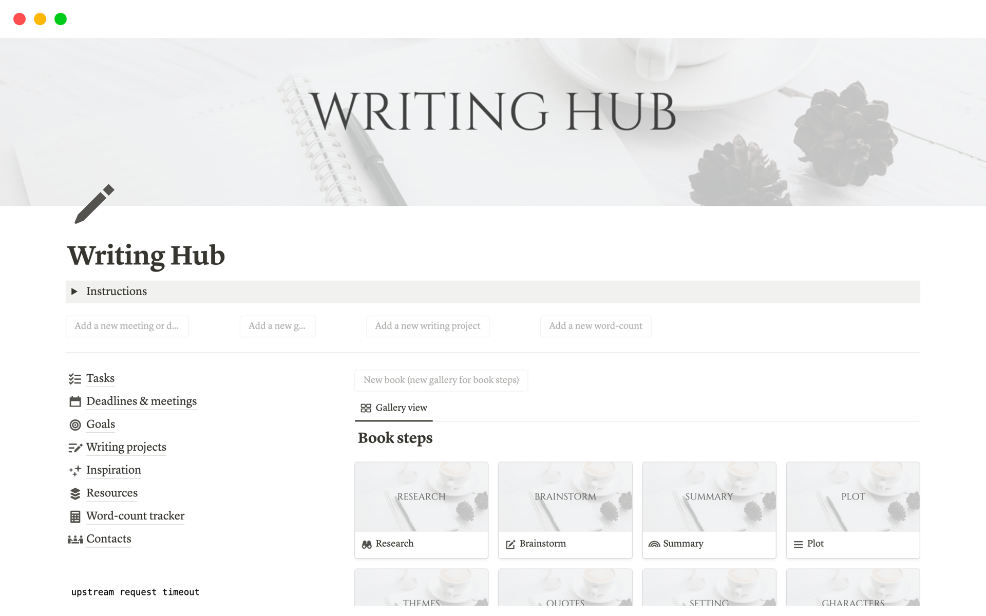 En förhandsgranskning av mallen för Writing Hub