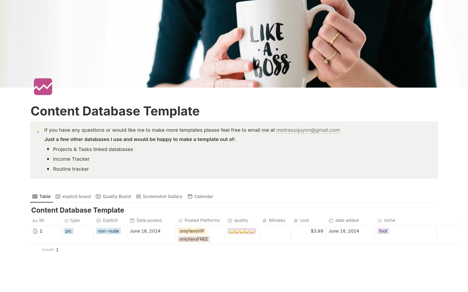 A template preview for Content Database