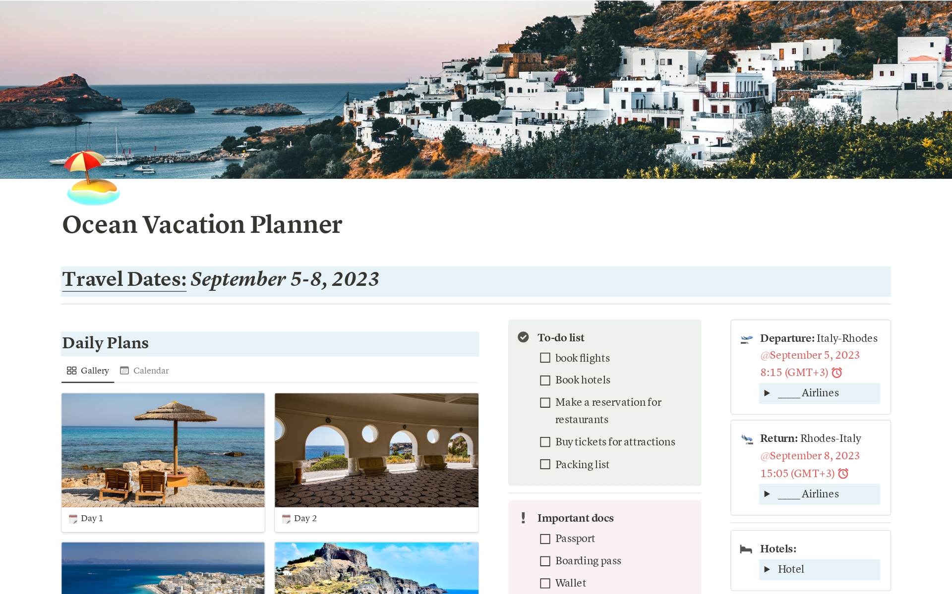 En förhandsgranskning av mallen för Ocean Vacation Planner