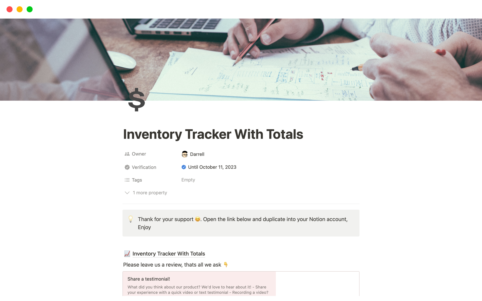 A template preview for Inventory Tracker With Totals