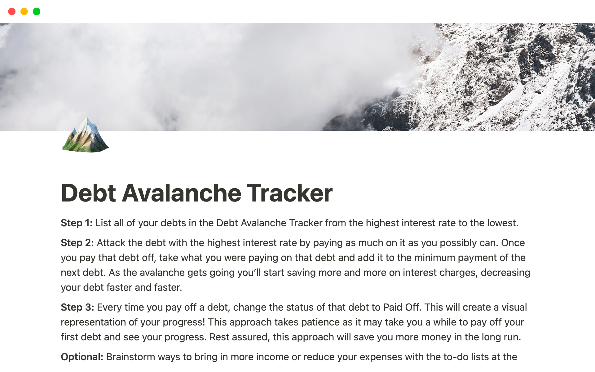 En forhåndsvisning av mal for Debt Avalanche Template