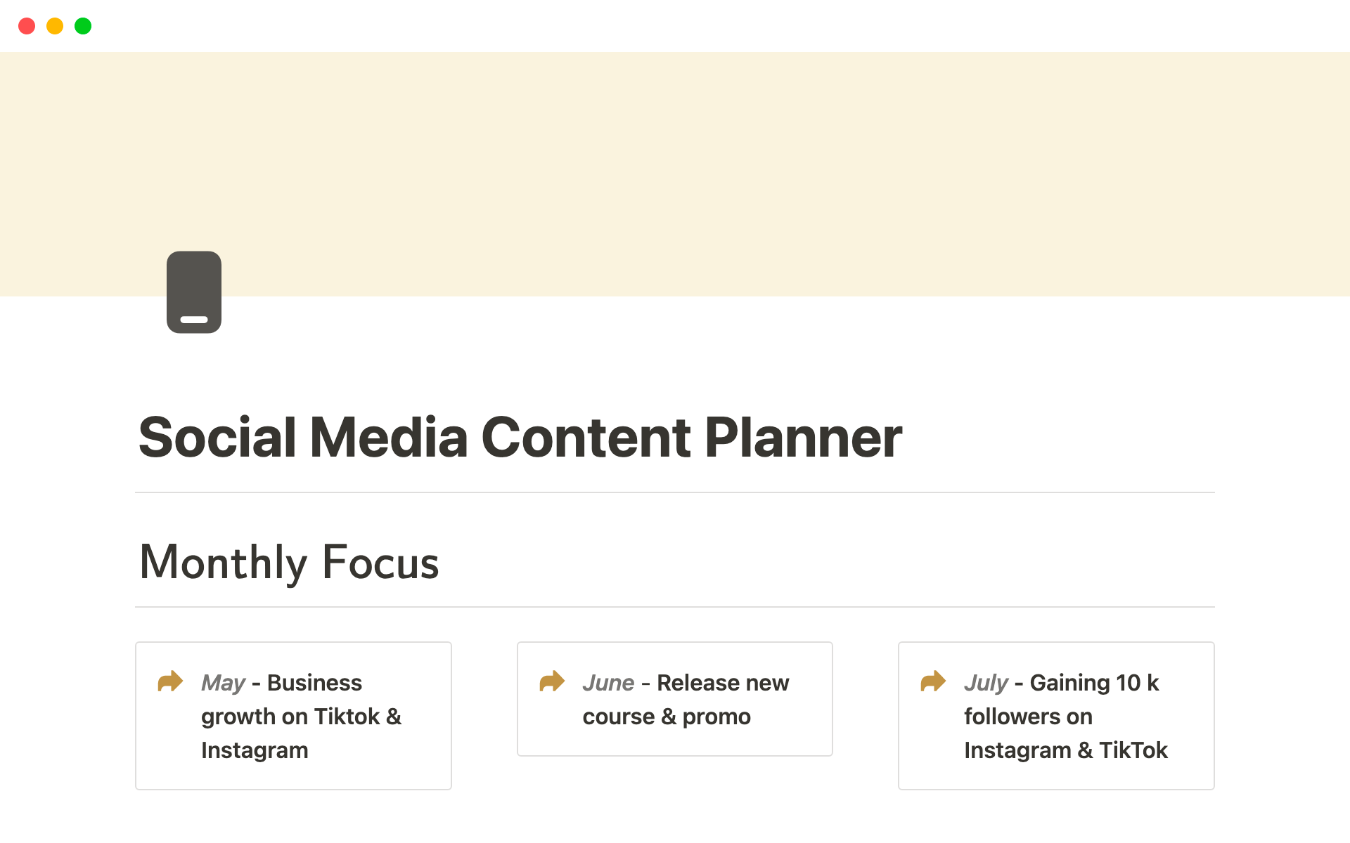 Eine Vorlagenvorschau für Social Media Content Planner