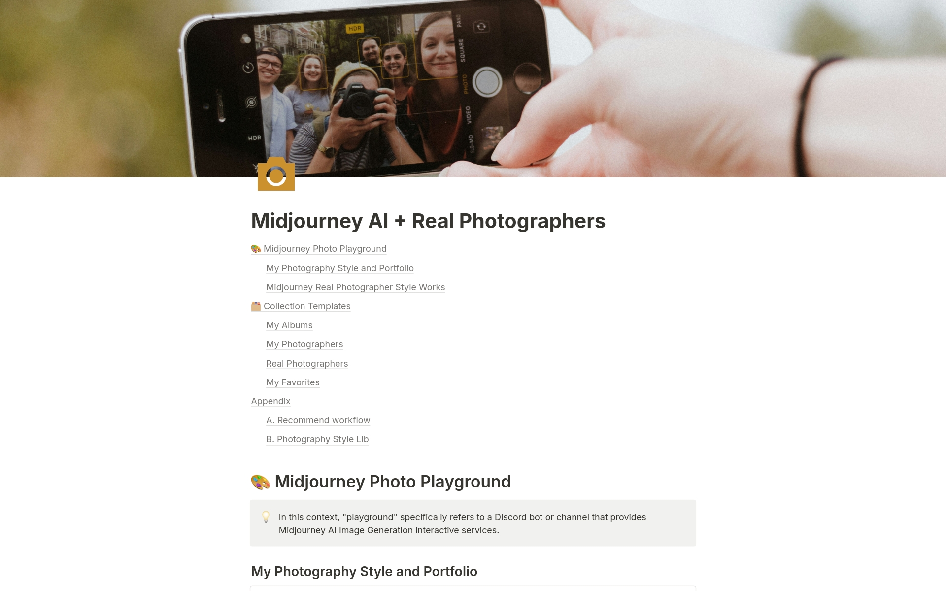 En forhåndsvisning av mal for Midjourney AI + Real Photographers