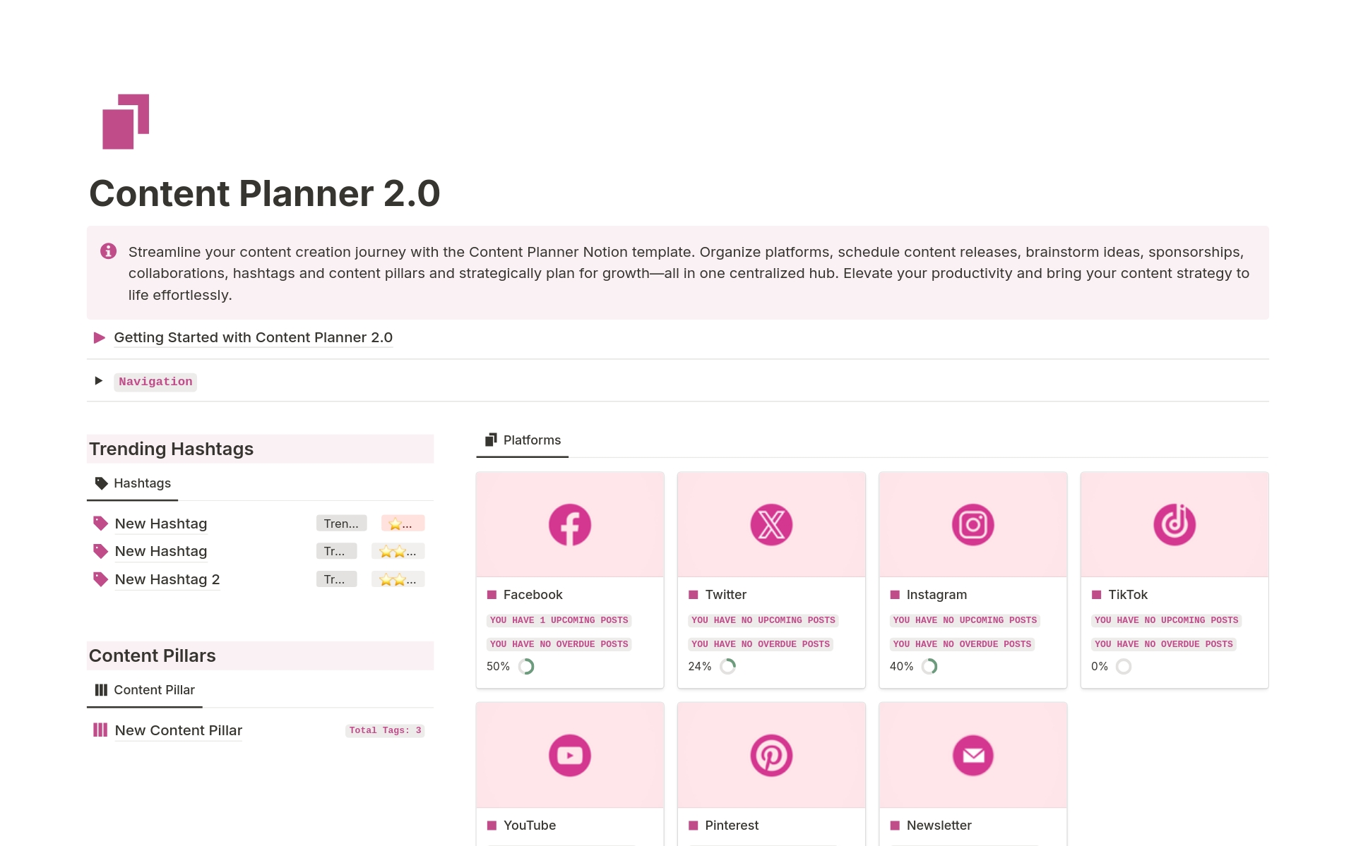 Streamline your content creation journey with the Content Planner Notion template. Organize platforms, schedule content releases, brainstorm ideas, sponsorships, collaborations, hashtags and content pillars and strategically plan for growth—all in one centralized hub. 