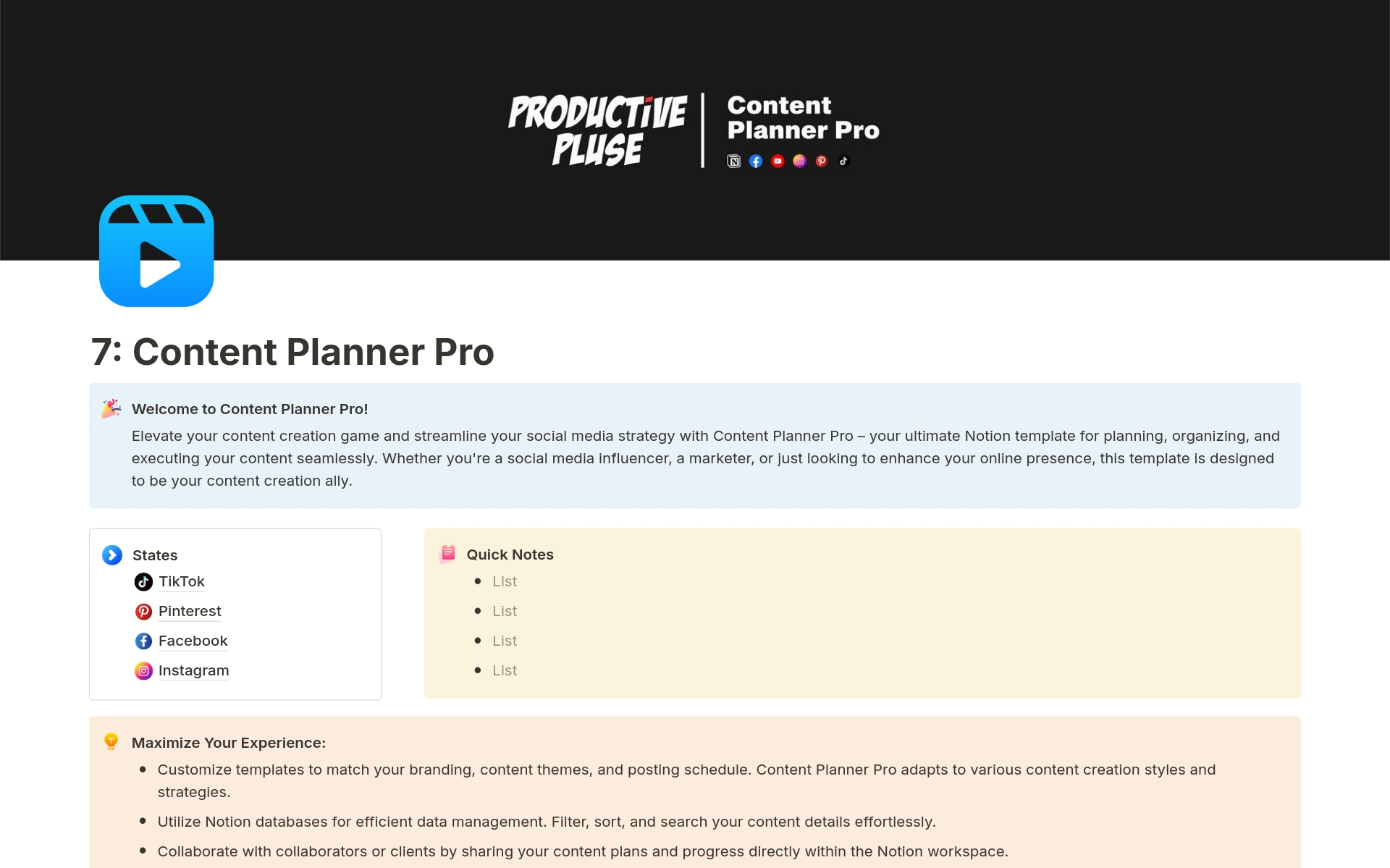 Elevate your content creation game and streamline your social media strategy with Content Planner Pro – your ultimate Notion template for planning, organizing, and executing your content seamlessly.