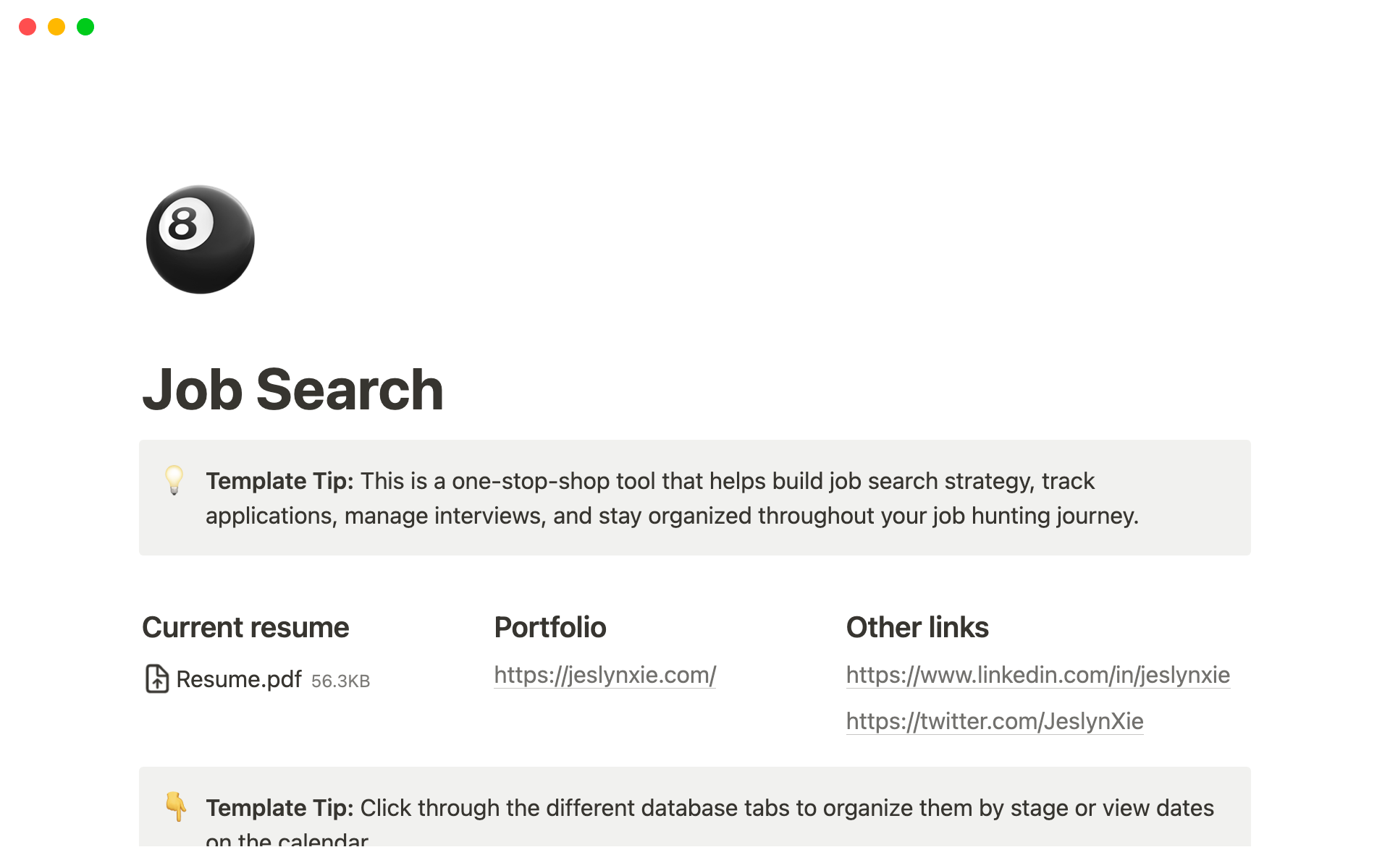 Eine Vorlagenvorschau für Job Search Toolkit