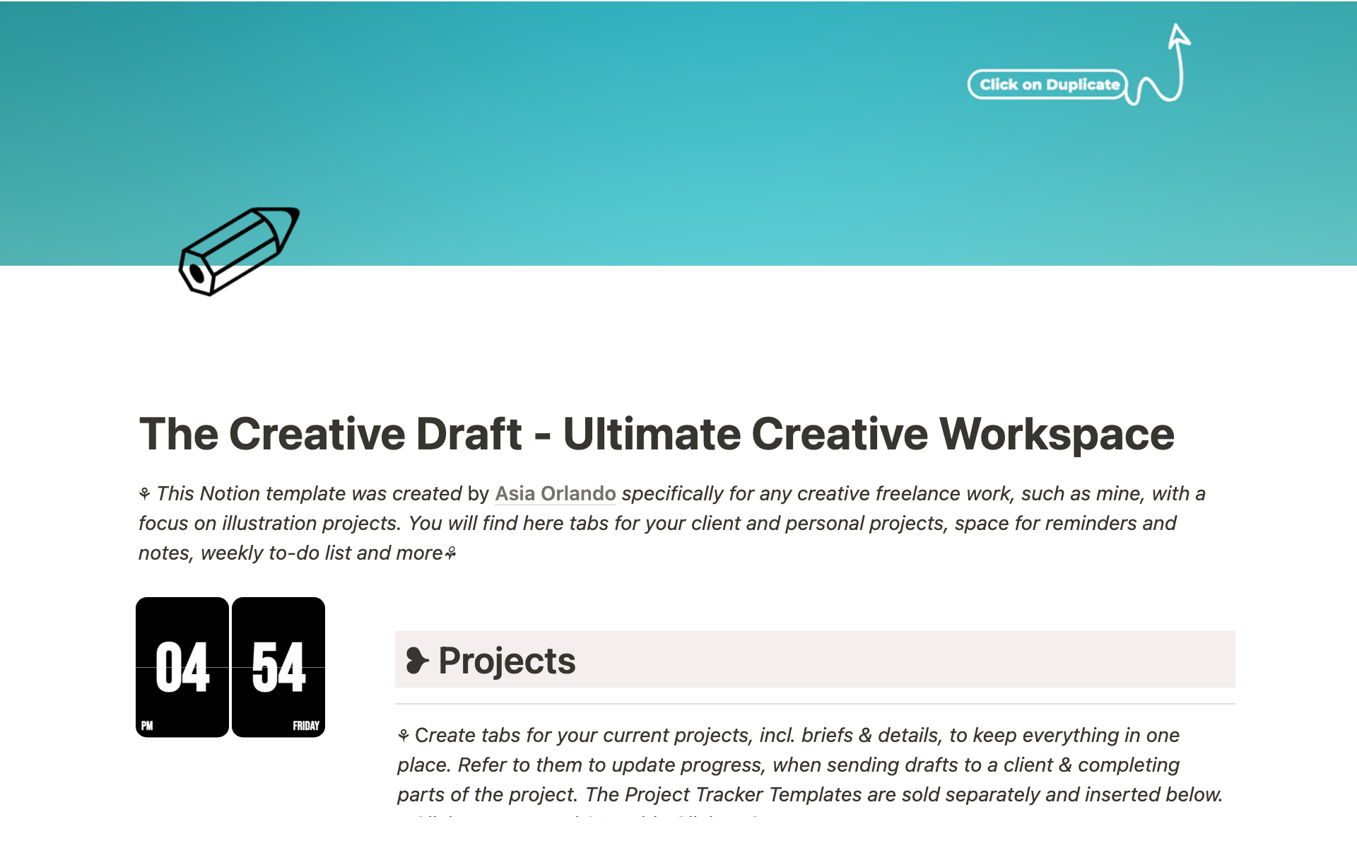 En forhåndsvisning av mal for The Creative Draft - Ultimate Creative Workspace