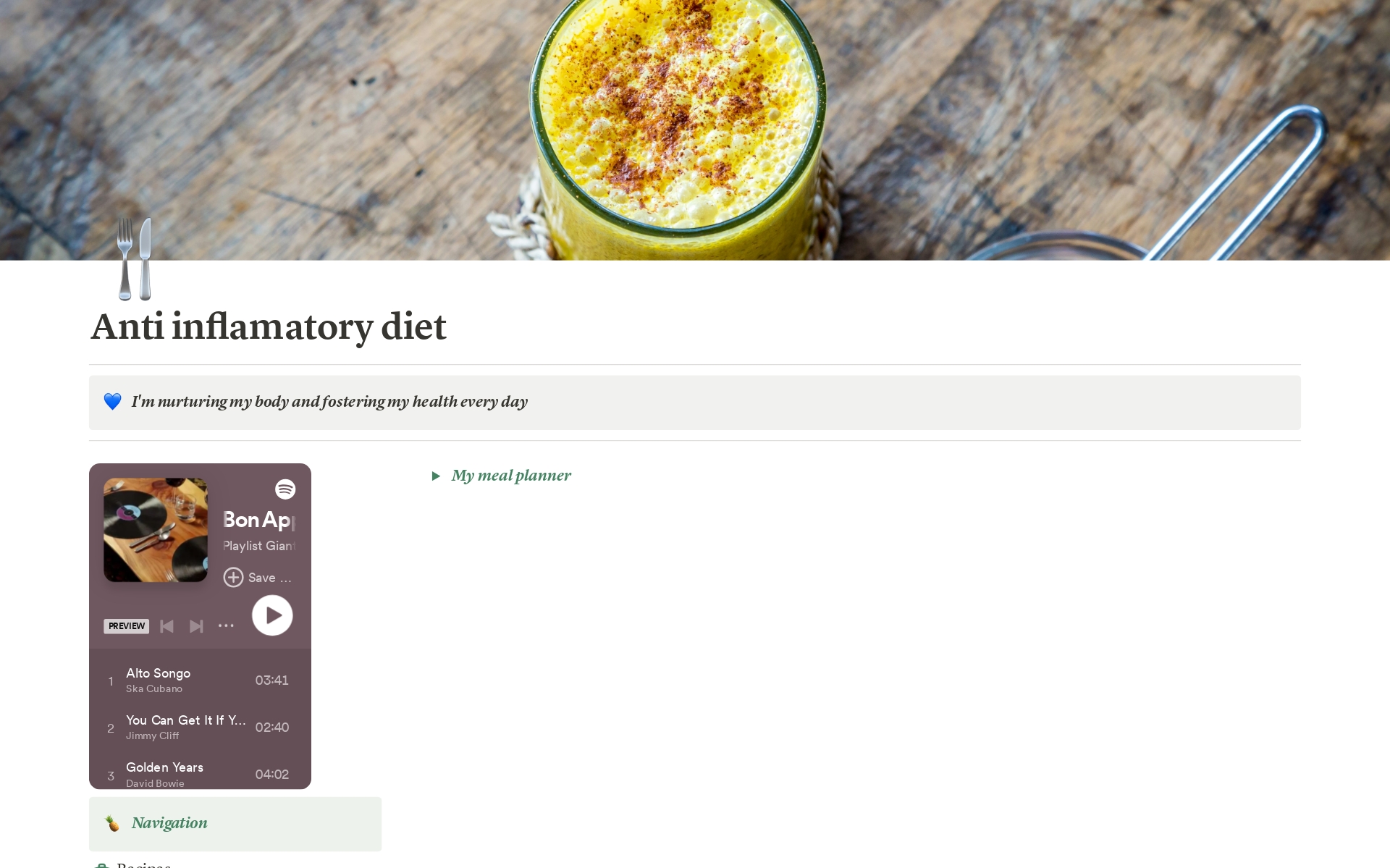 En forhåndsvisning av mal for Anti inflamatory Meal & Recipe Planner 