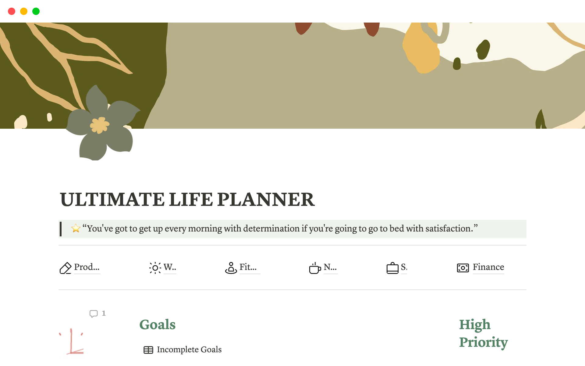 Mallin esikatselu nimelle Ultimate Life Planner Notion Template