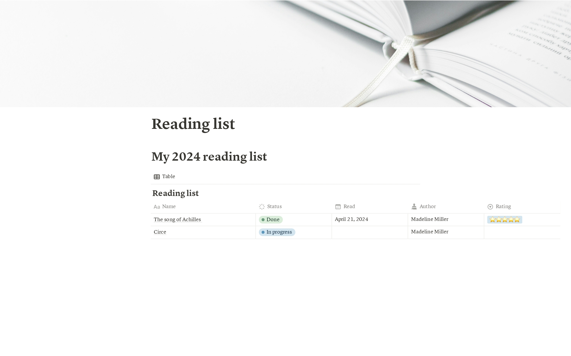 A template preview for Simple reading list